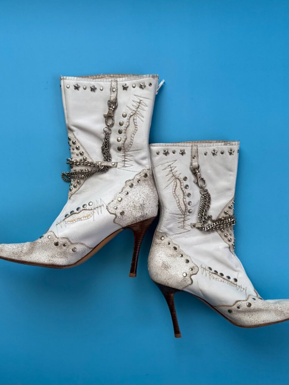 El Dantes White Leather Studded Chain Stiletto Boots EU 40 Made in Spain Y2K - Picture 5 of 8